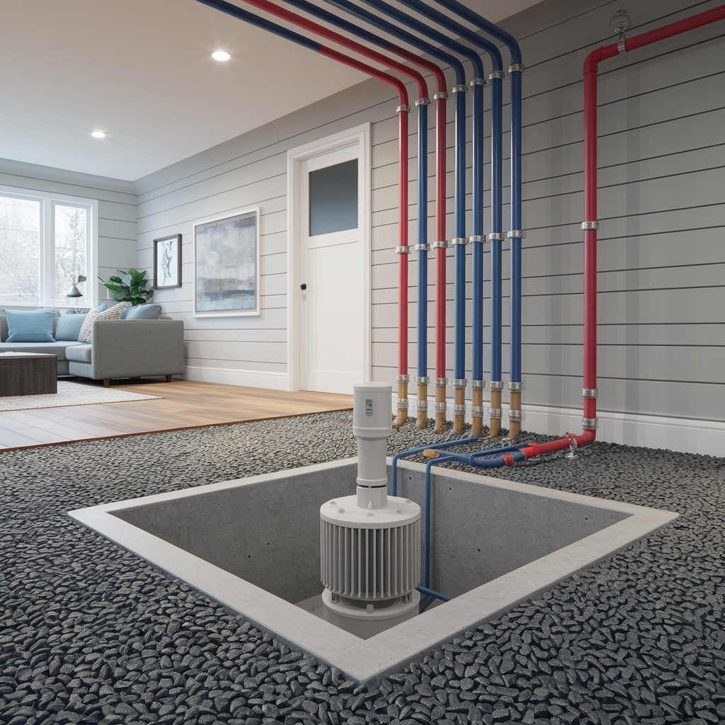 residential basement with a modern sump pump installed in a concrete pit, PVC piping leading out, and visible water protection