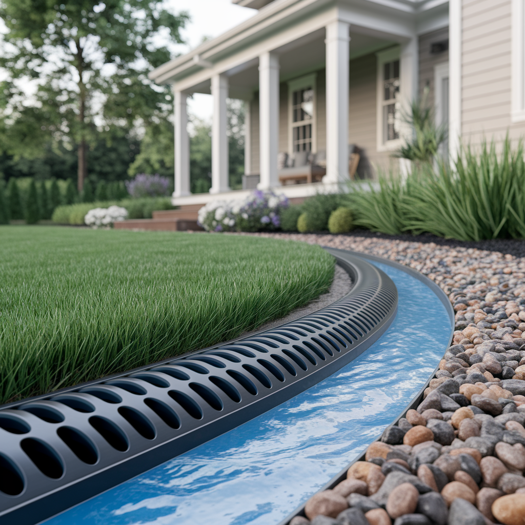  a clean French drain in a landscaped yard with gravel and a visible perforated pipe, water flowing smoothly away from the house