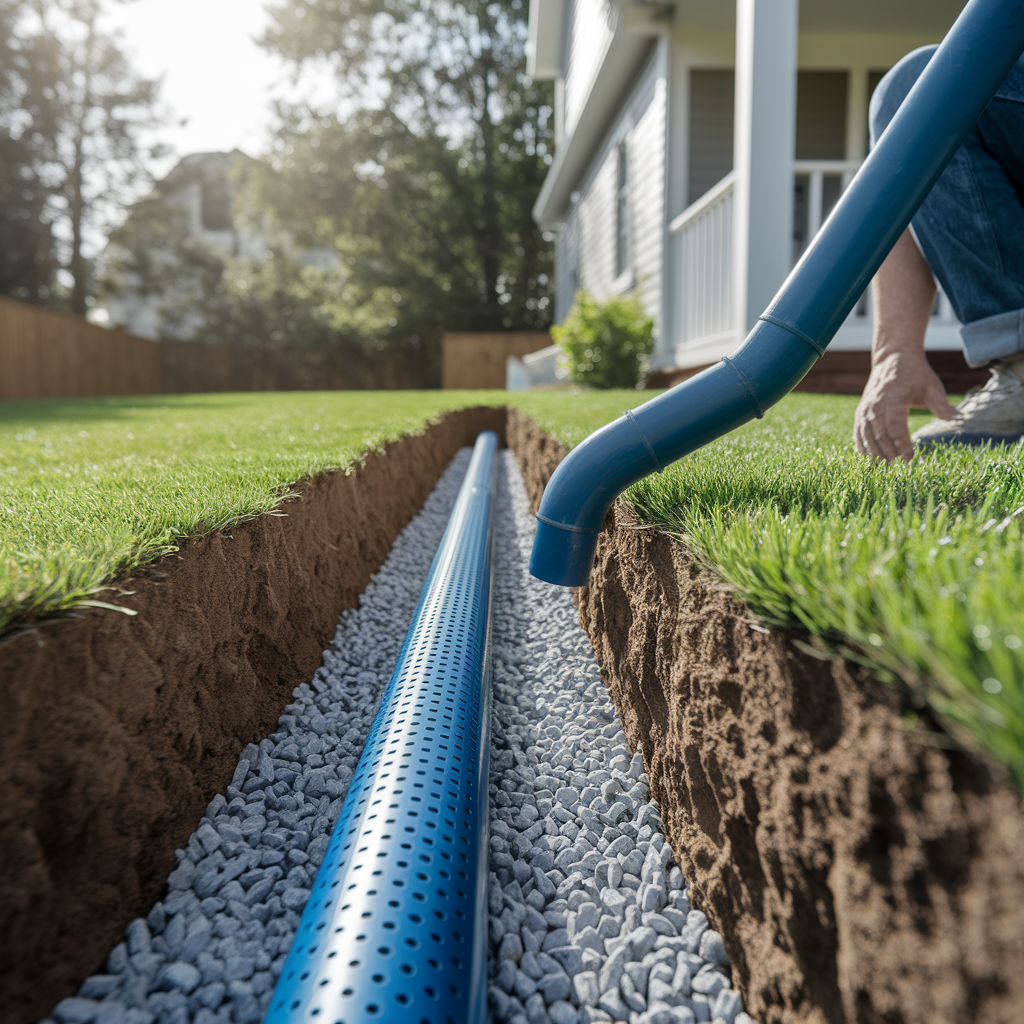 French drain system being installed