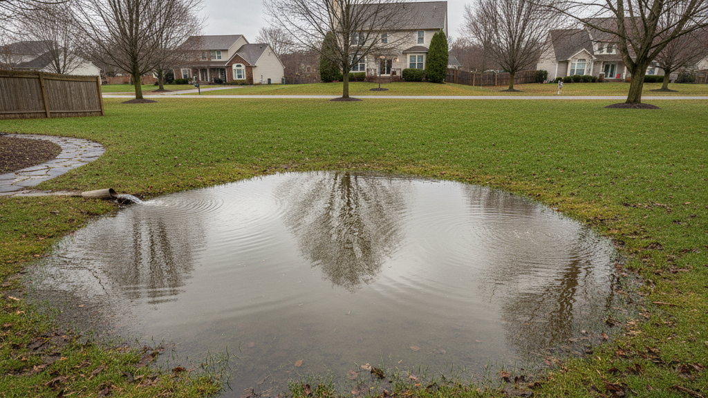 Residential backyard with visible ponding water in a low area after rainfall