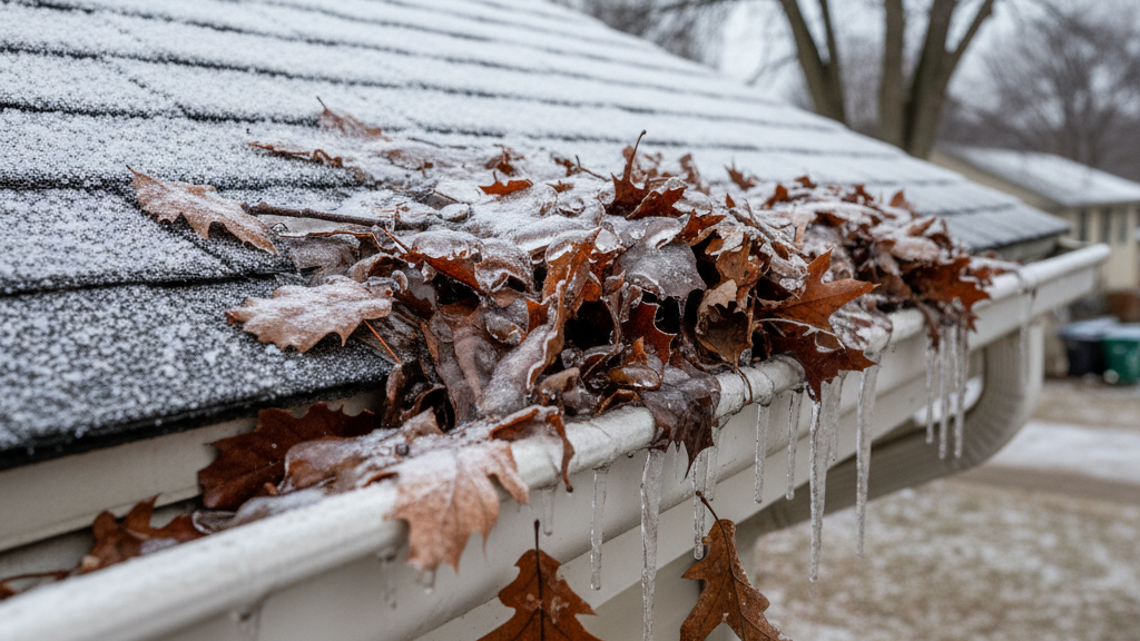 Clogged gutter with leaves and ice contributing to drainage issues.