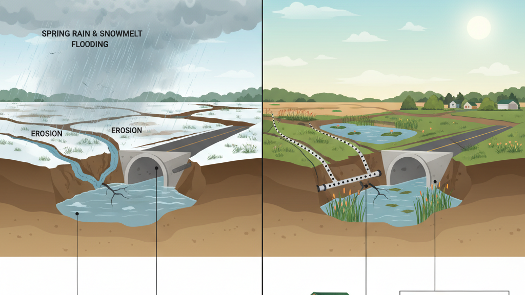 Diagram of seasonal drainage risks and yard drainage solutions for Indiana homes