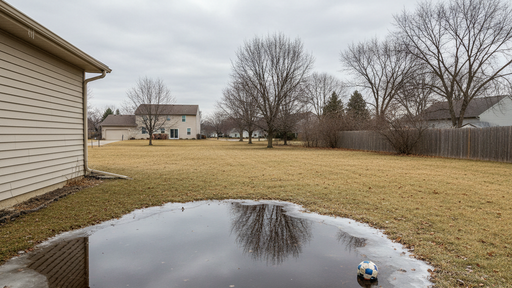Standing water near a home’s foundation during winter in Indiana.