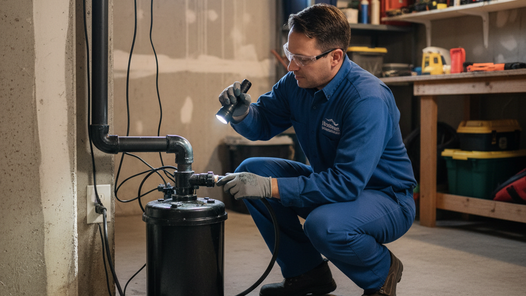 Homeward Environmental expert inspecting sump pump in Indiana home