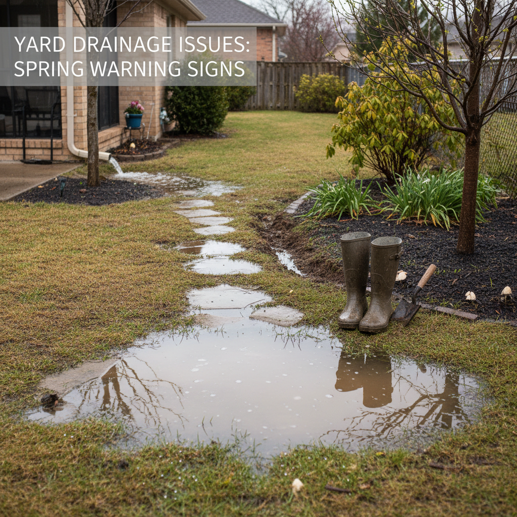Yard drainage problems: standing water, soggy lawn. Spring yard drainage signs.