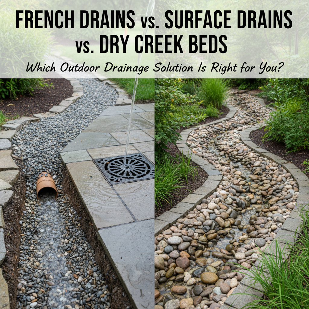 French drain vs surface drain vs dry creek bed comparison. Outdoor drainage solutions.