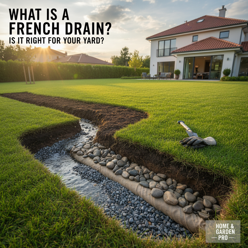 French drain system diagram, yard drainage solution, water runoff control