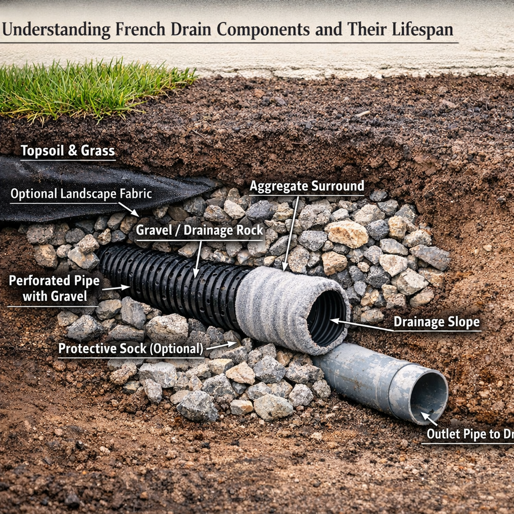 Professional illustration of Understanding French Drain Components and Their Lifespan