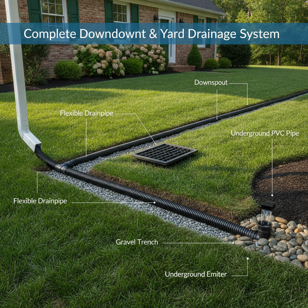 Professional illustration of What Complete Downspout and Yard Drainage Systems Include
