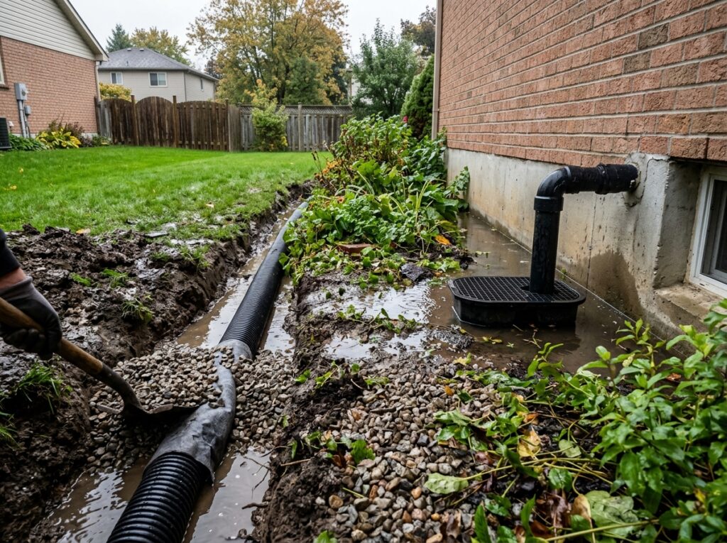 Yard drainage comparison showing a French drain trench and basement sump pump managing lawn water runoff.