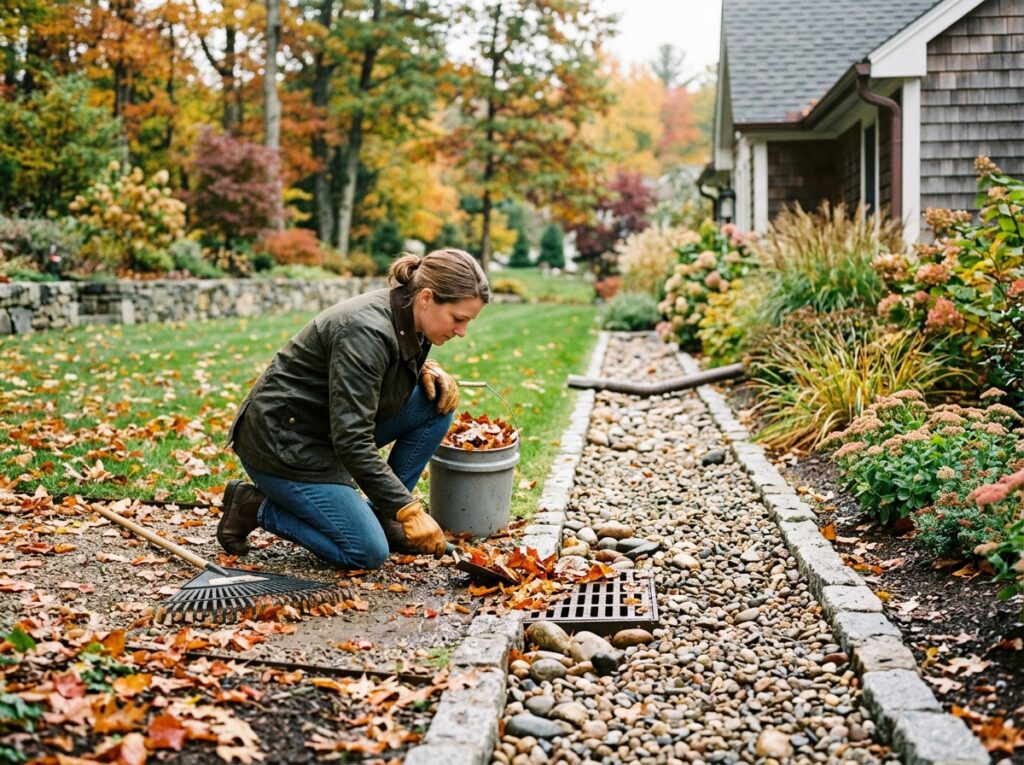 Clearing autumn leaves from a yard French drain and gutter downspout to prevent lawn runoff before heavy fall rain.