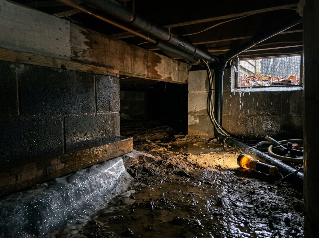 Standing water on soil in a wet crawl space with damp foundation walls from winter drainage issues.