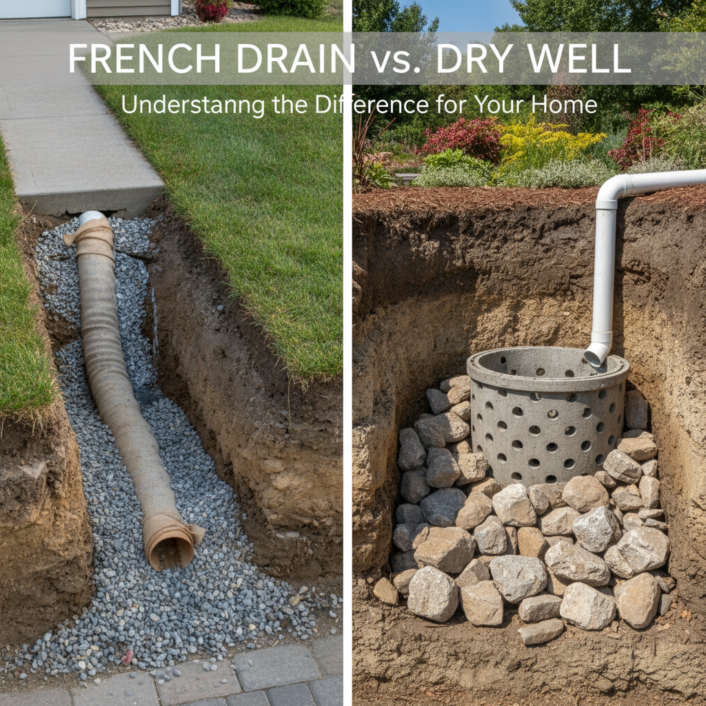 Professional illustration of What's the Difference Between a French Drain and a Dry Well?