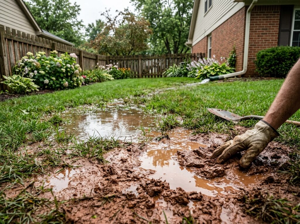 Saturated Indiana clay soil causing standing water and yard drainage problems in a flooded lawn.