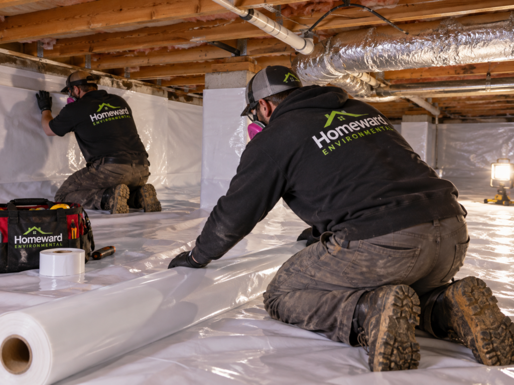 Indianapolis contractor installing vapor barrier insulation for a crawl space encapsulation cost estimate.
