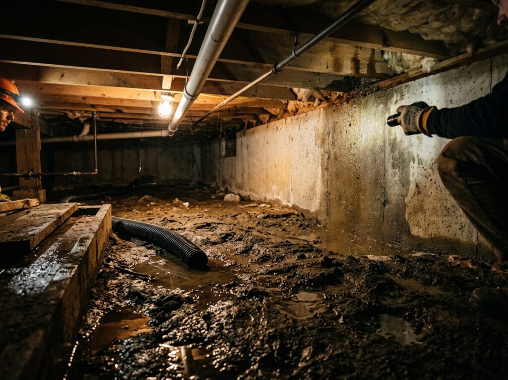 Wet crawl space in a Central Indiana home with standing water, damp soil, moisture, and foundation walls.